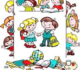 学校的孩子们可爱的卡通设计矢量图02