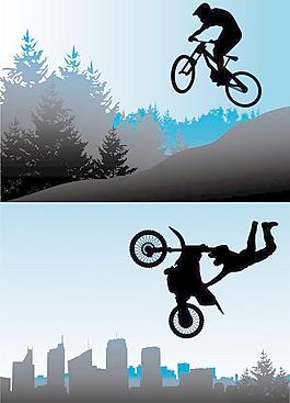 自行车和摩托车运动剪影矢量素材