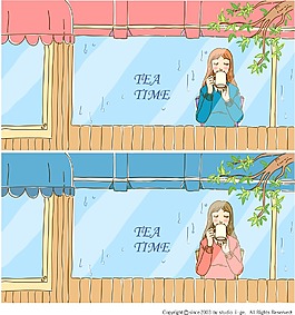 玻璃前喝水的卡通女孩插画