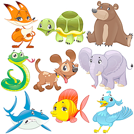 九个卡通动物设计矢量