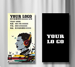 戴着耳机听音乐的卡通男人竖版名片