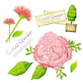 花朵与绿叶插画PSD素材
