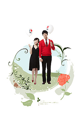 拿着气球的情侣PSD素材