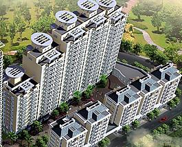 造型楼顶塔式住宅小区楼鸟瞰效果图