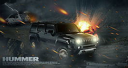 悍马汽车广告合成设计