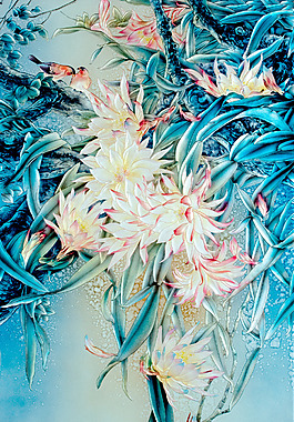 蓝色昙花玻璃画