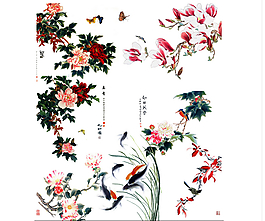 中国风工笔花鸟设计PSD分层素材