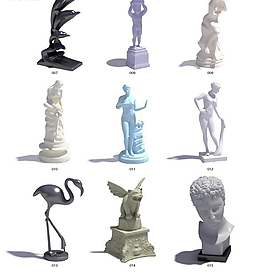九款人物动物雕塑造型3D模型图