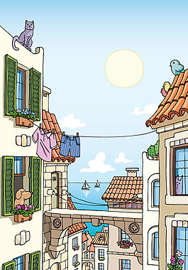 悠闲夏日小镇矢量素材