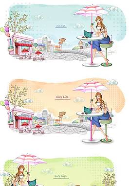 坐着的女孩插画背景矢量图