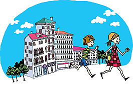 奔跑的男孩女孩插画图