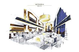 手绘餐厅效果图矢量图