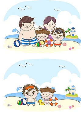 卡通人物海滩玩耍矢量素材
