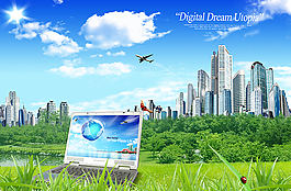 蓝天白云草地素材PSD