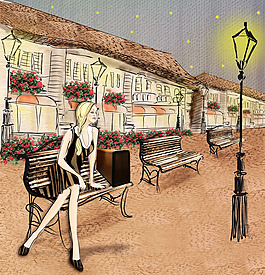 手绘长椅上的女郎psd素材