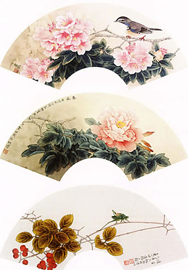 花鸟工笔画扇面PSD素材