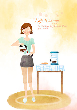 倒咖啡的女生插画PSD素材