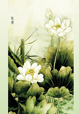 白莲荷塘工笔国画矢量图