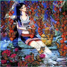 花从中的美女油画