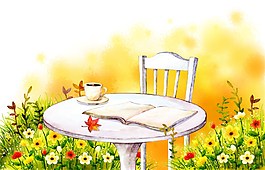 花园桌椅树咖啡素材