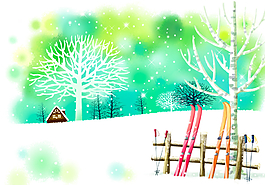 唯美雪地小屋雪橇绘图插画图片