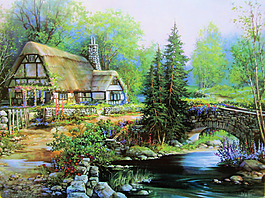 有屋子的风景油画