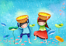 唯美梦幻星星雨儿童插画psd素材下载