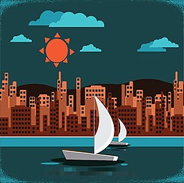 帆船城市矢量素材