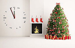 钟表墙壁和圣诞树