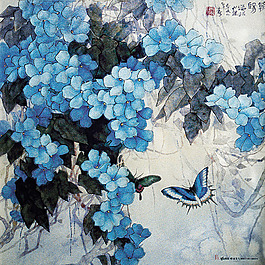 紫色鲜花蝴蝶油画