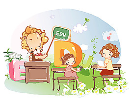 上课的卡通男孩女孩