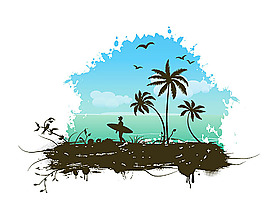 椰树冲浪人物剪影