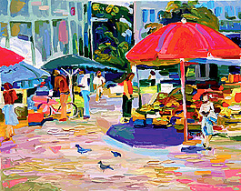 街道市场风景油画