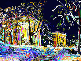 冬天夜晚风景油画