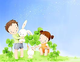 与兔子玩耍的儿童