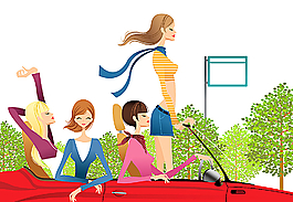 开车兜风卡通女郎矢量素材图片