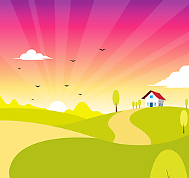 卡通夕阳风景插画矢量素材