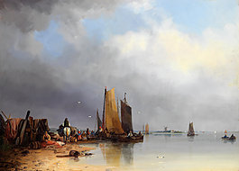 海边帆船油画