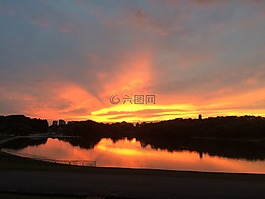 晚霞,湖,红色