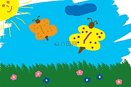 儿童绘画,蝴蝶,草地