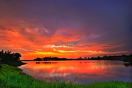 水庫,火燒雲,夕陽