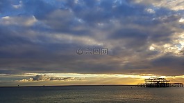 日落,布赖顿,码头