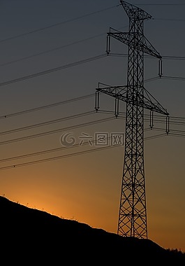 日落,电力塔,电线