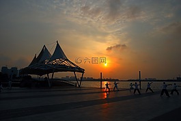 日出,晨练,湖畔