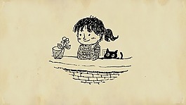 女孩,猫,花