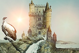 城堡,兀鹫,瀑布