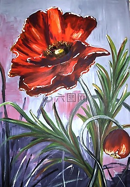 画罂粟,画笔描边,帆布