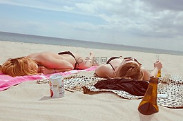 海滩,女孩,放松