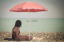 海滩,孩子,阳伞