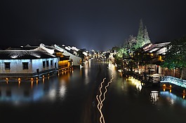 河道,小镇,夜景